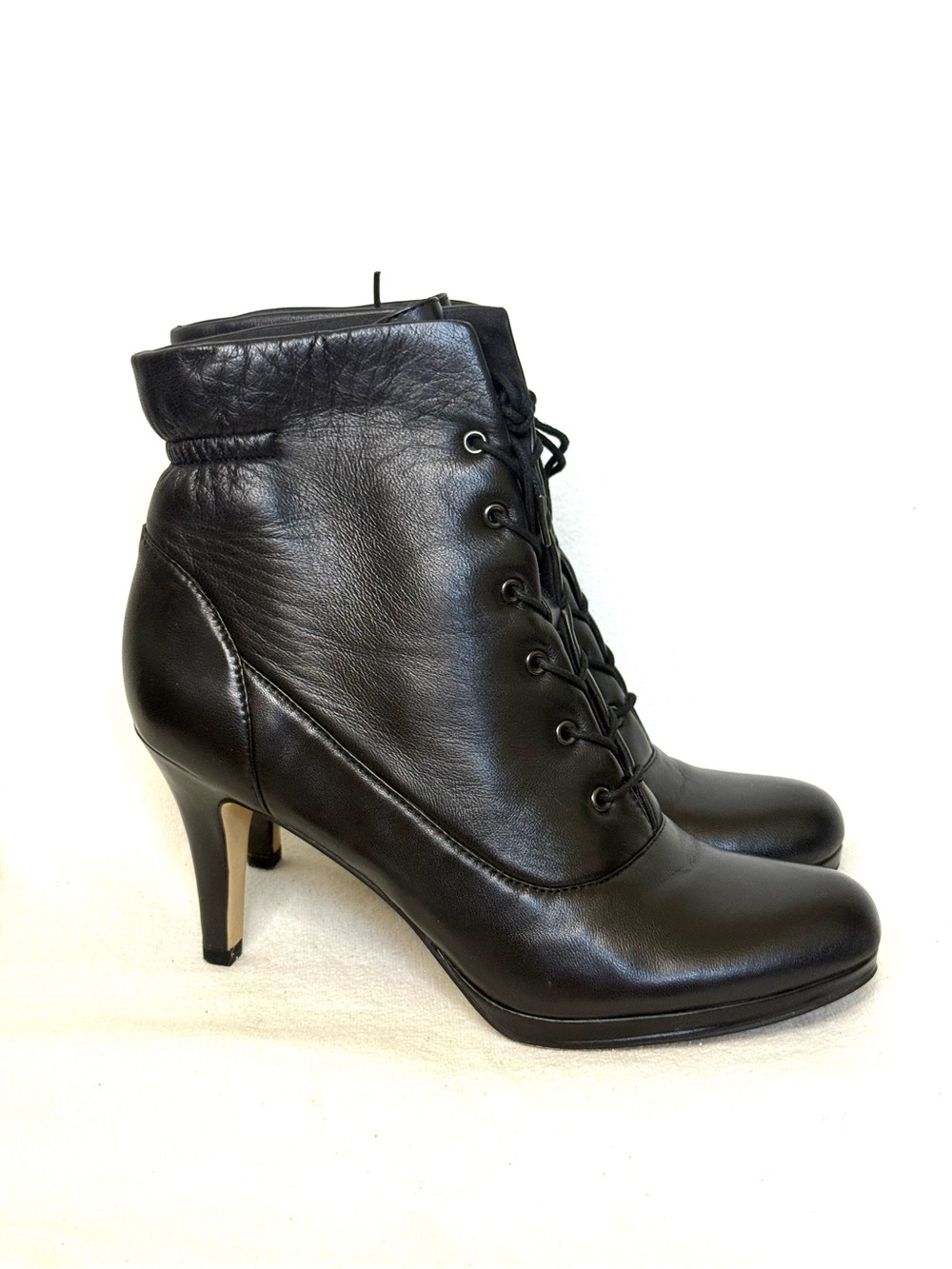 Anne Klein Black Lace-Up Leather Ankle Boots with Stiletto Heel